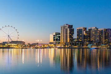 Panoramic image of the docklands waterfront area of Melbourne at night